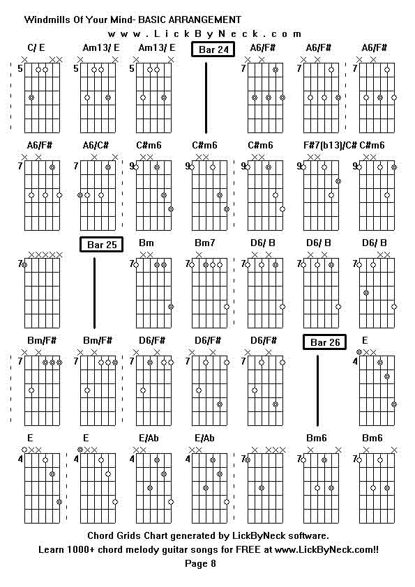 Chord Grids Chart of chord melody fingerstyle guitar song-Windmills Of Your Mind- BASIC ARRANGEMENT,generated by LickByNeck software.